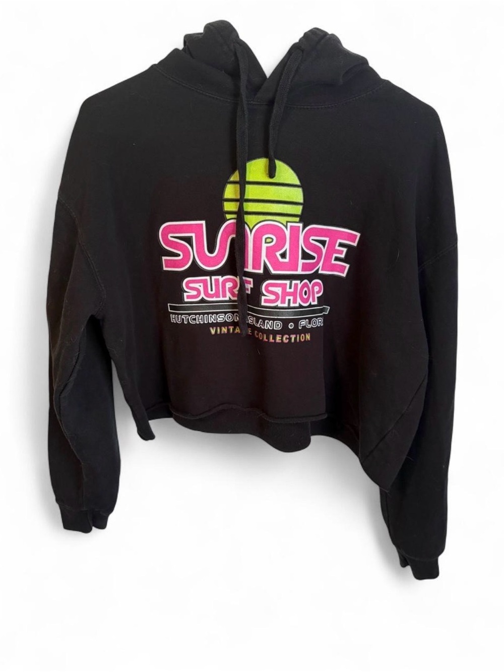 Sunrise Surf Shop Black Cropped Hoodie with Neon Logo